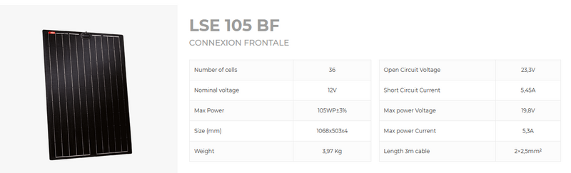 Panneau Solaire Lightsolar 105BF connection frontale (1075 x 510 x 4 mm) - LightSolar - panneau léger