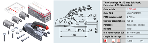 Tête d'attelage AK 270 avec Soft Dock, entretoises diam 35/40/45 - Tête d'attelages
