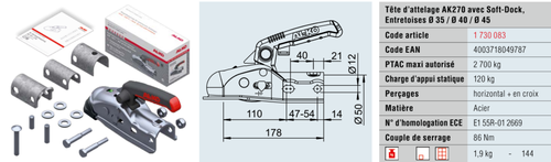 1730083 Tête d'attelage AK 270 avec Soft Dock, entretoises diam 35/40/45 - Tête d'attelages