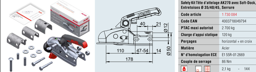 Safety kit AK 270 avec Soft Dock, entretoises diam 35/40/45, serrure - Tête d'attelages
