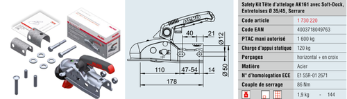 1730220 Safety kit AK 161 avec Soft Dock, entretoises diam 35/45, serrure - Tête d'attelages