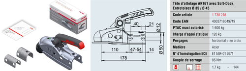 1730218 Tête d'attelage AK 161 avec Soft Dock, entretoises diam 35/45 - Tête d'attelages