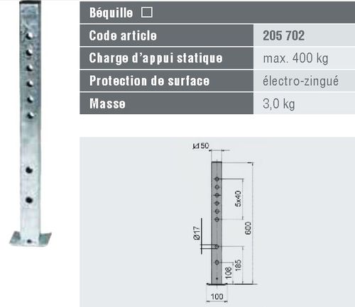 Béquille fixe 50x50 max 400 kg - Béquilles pour remorque