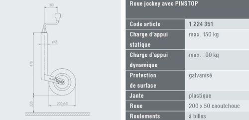 1224351 Roue jockey D48 max 150kg PINSTOP - Roues jockey