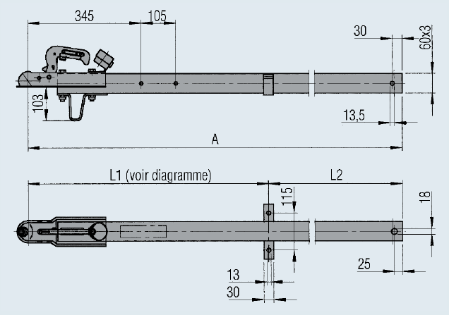 Timon droit 2035 mm section carré de 60 mm AL-KO 247961